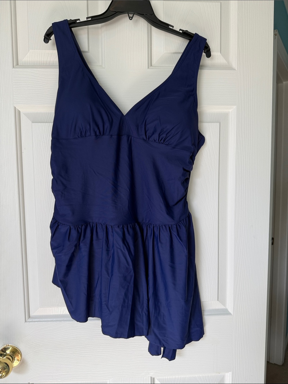 Women’s Navy V-Neck Swim Dress with Asymmetrical Skirt Hem